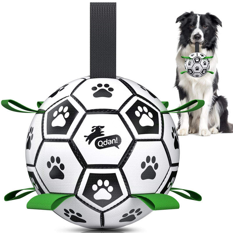 QDAN 6 Inch Dog Toys, Durable Floatable Dog Balls for Tug, Fetch, Herding and Water Play, Soft PU, World Cup Dog Soccer Ball with Straps for Small to Medium Dogs, Ideal Outdoor Play & Birthday Gift