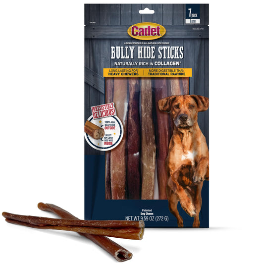 Cadet Bully Hide Sticks for Large Dogs, All-Natural Beef Pizzle, Limited-Ingredient Long-Lasting Dog Chews for Aggressive Chewers, 7 Count
