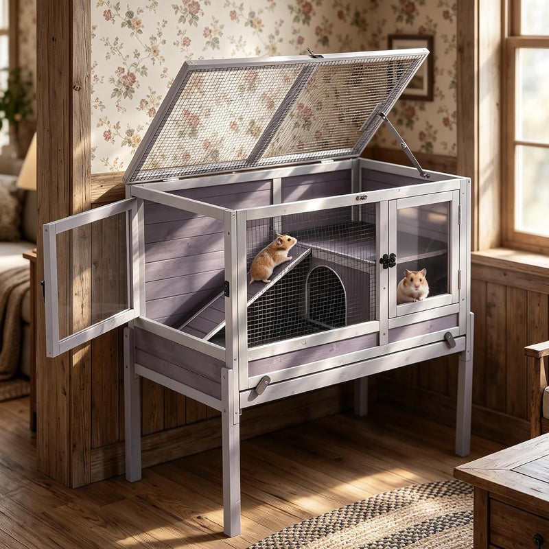 Wooden Guinea Pig Cages Indoor,Two-Story Wooden Rabbit Cage Hutch with Removable Stand and Pull Out Tray, Small Animals 