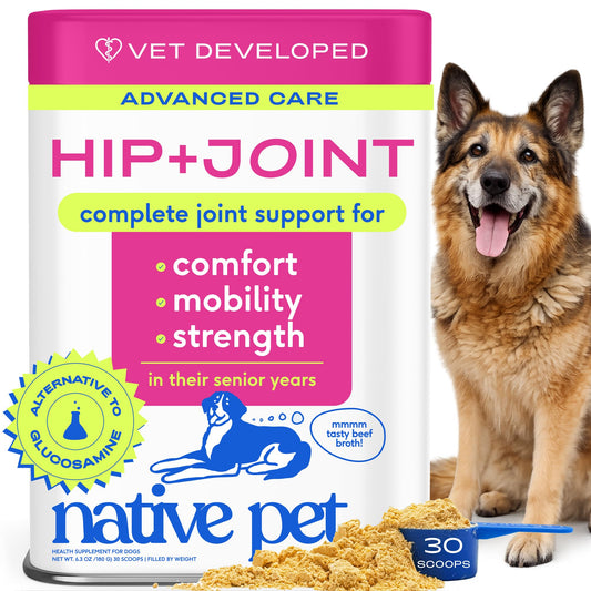 Native Pet Hip and Joint Supplement Dogs - Powder with UC-II Collagen and HMB - Senior and Large Breed Dog Joint Support - Made in USA - 30 Scoops