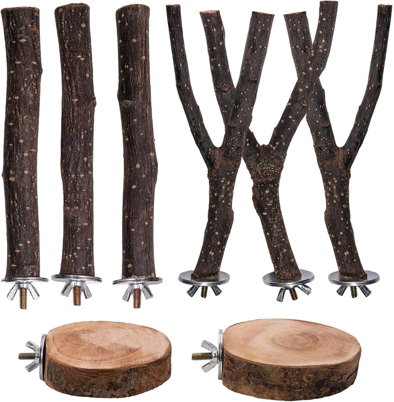 8PCS Bird Perches Set Natural Apple Wood Bird Cage Accessories Wooden Parrot Stand Hardwood Branches for Parakeets, Budg