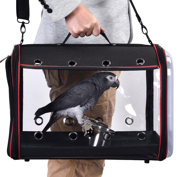 Colorday Lightweight Bird Carrier for Travelers, Bird Travel Cage with Parrot Feeder Cups & Standing Perch and Tracy (Large 19 x 12 x 13 inch, Black)
