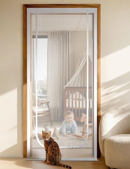 BFNN Cat Screen Door, Extra Tall Cat-Proof Mesh Gate, Fit Door Size 32'' x 80'', Anti Scratch Mesh with Zipper Closure, for Living Room, Kitchen, Bedroom (White, U-Shaped)