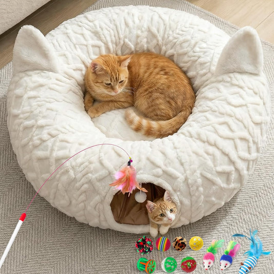 Cat Tunnel Bed, White Christmas Tree Cat Tunnel Skirt for Indoor Cats