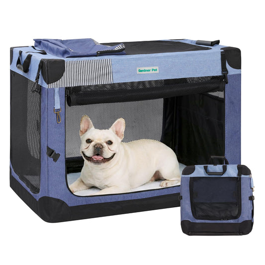 Gardner Pet Soft Collapsible Dog Crate - 26 Inch Portable Travel Dog Crate for Puppy/Small Dogs Indoor & Outdoor, 3-Door Pet Crate with Durable Mesh Windows & Storage Bag, Blue