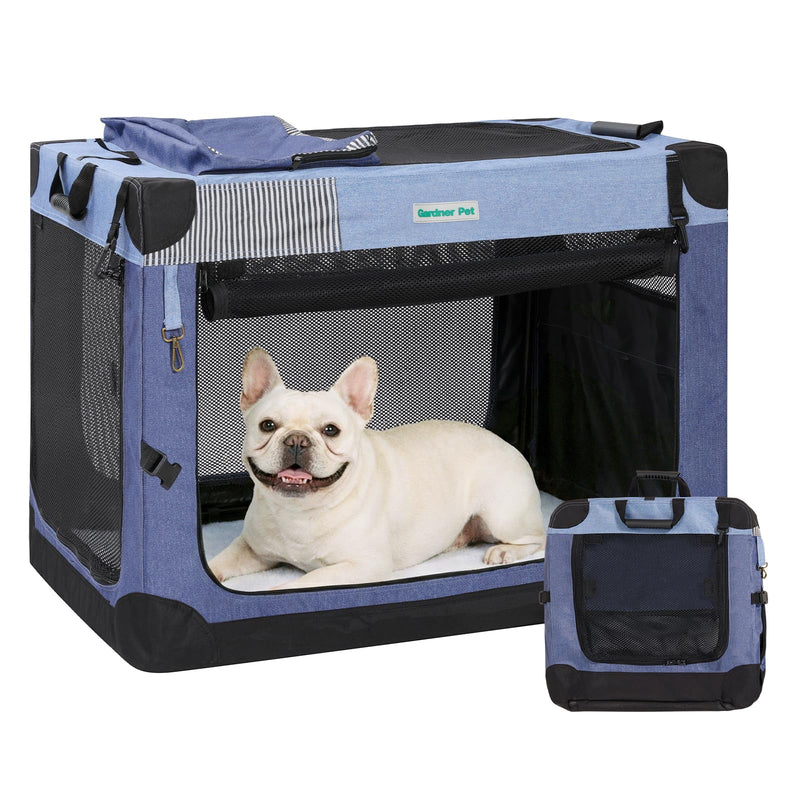 Gardner Pet Soft Collapsible Dog Crate - 26 Inch Portable Travel Dog Crate for Puppy/Small Dogs Indoor & Outdoor, 3-Door Pet Crate with Durable Mesh Windows & Storage Bag, Blue