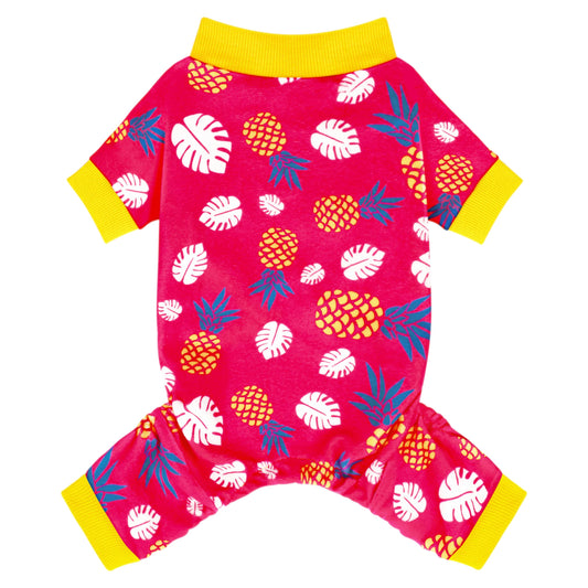 Paiaite 4-Legged Cotton Stretchable Jumpsuit Pjs: Pineapple Pattern Dog Pajamas - Lightweight Cozy Puppy Onesie Clothes, Comfortable Pet Sleepwear Jammies for Hair Shedding Coverage Yellow Edge S
