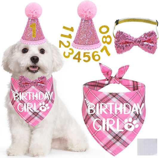 STMK Dog Birthday Outfits, Multi Size Dog Birthday Hat Dog Birthday Girl Bandana Bow Tie Birthday Numbers for Small Medi