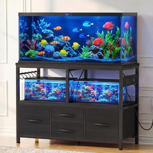 Heybly 40-50 Gal Fish Tank Stand with Drawer, Power Outlet, Black HAS004BK