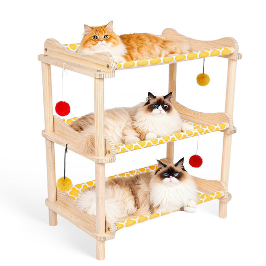 MITREL Large 3-Layer Cat Hammock Bed, 24"x15.7"x26.8" Elevated Cat Bed with Pine Wood Frame, Breathable Washable Covers, Wooden Pet Furniture for Indoor Cats and Small Animals (Orange, 3-Tier)