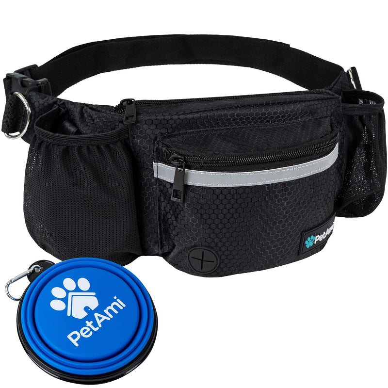 PetAmi Dog Fanny Pack, Treat Pouch for Dog Walking, Training, Built in Poop Bag Dispenser, Water Bottle Holder, Collapsible Bowl, Pet Treat Waist Belt for Hiking, Running, Kibbles (Black)