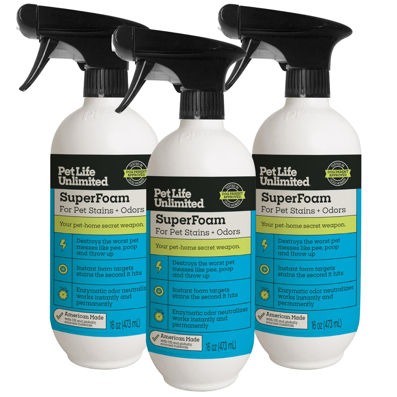 Pet Life Unlimited SuperFoam Spray, Carpet and Surface Cleaner for Dog Urine, 16 oz, Strong Odor & Stain Remover, Plant-Based Formula, Natural Juniper Leaf Scent, Two-Way Spray, USA Made (Pack of 3)