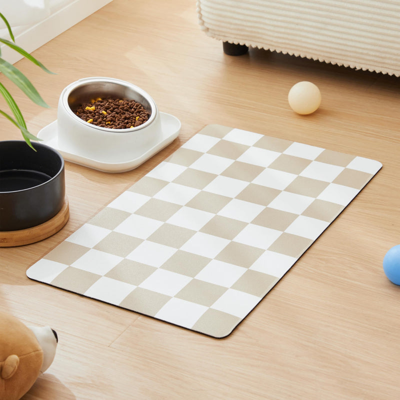 Ralxion Checkered Dog Feeding Mat, Absorbent Mats for Dog Food and Water Bowl, Dispenser, Retro Aesthetic Khaki Beige Checkerboard Pet Placemat for Dogs, Cats, Puppy Accessories, 12