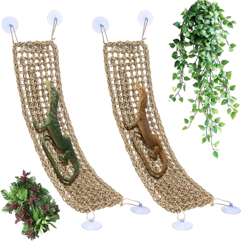 2 Pcs Bearded Dragon Hammock Reptile Lounger, Natural Seagrass Climbing Habitat Decor with Jungle Theme for Lizards, Gec