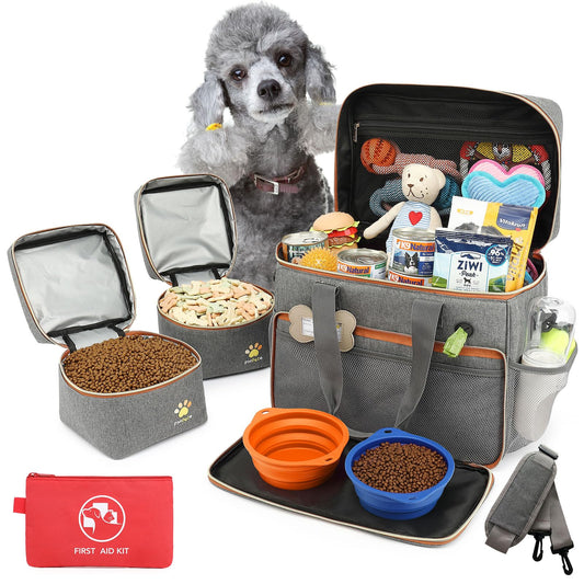 Pmpete Dog Travel Bag for Traveling| Week Away/Overnight Dog Travel Accessories with Multi-Function Pockets| Travel Set for Dogs and Cats|Ideal Pet Diaper Bag and Pet Gift Kit(Grey)