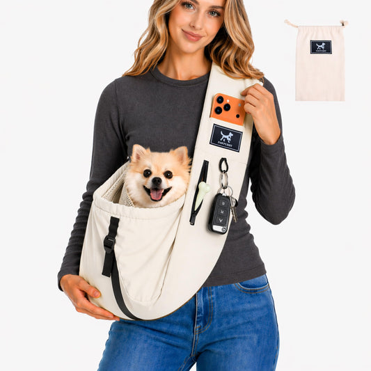 PAWPUBBY Pet Sling Carrier for Small Dogs and Cats 5-20lbs, Dog Sling with Adjustable Depth, Breathable Air Mesh Puppy Travel Bag, Water Resistant Fabric, Double Safety Leash, Machine Washable,Apricot
