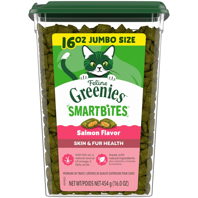 Greenies Cat Treats, Feline Smartbites, Skin & Fur Health, Crunchy and Soft Cat Treats, Salmon Flavor, 16 oz. Tub