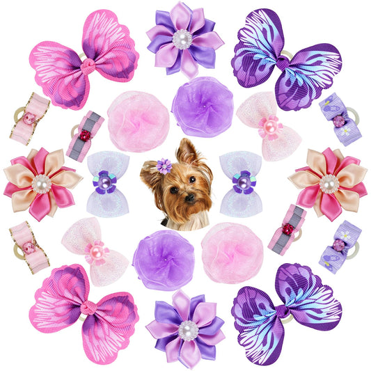 Naturahand 22 Pieces Cute Dog Hair Bows with Elastic Rubber Bands, Small Puppy Hair Accessories with Butterfly Flower Pearls Double Bow for Pets Dogs Cats Hair Grooming (Purple and Pink)
