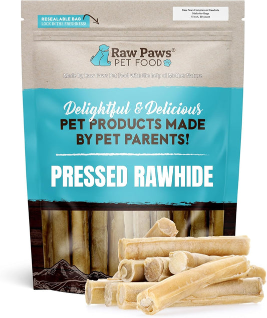 Raw Paws 4-inch Compressed Rawhide Bones for Dogs, 20-Count - Packed in USA - Small Dog Bones - Puppy Teething - Long Lasting Dog Chews - Natural Pressed Rawhides - Raw Hide Bone