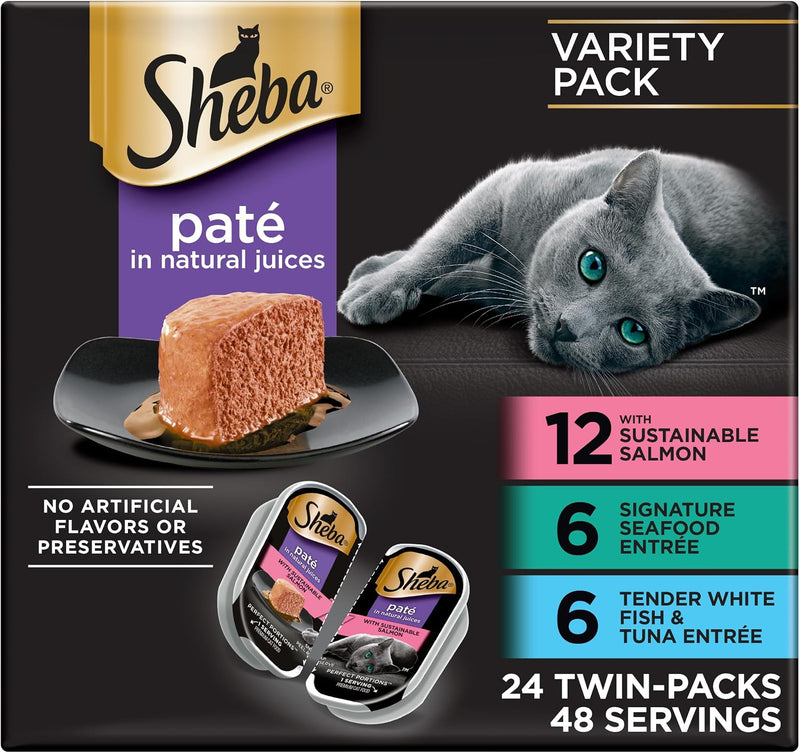 Sheba Perfect Portions Wet Cat Food Pate with Sustainable Salmon, Signature Seafood Entree, and Tender White Fish and Tuna Entree Variety Pack, 2.6 oz. Twin Pack Trays (24 Count, 48 Servings)