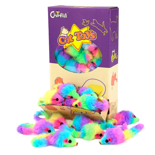 CHIWAVA 36PCS 1.8" Rainbow Color Furry Cat Toy Mice with Rattle Kitten Mouse Interactive Play