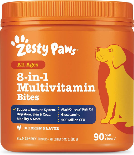 Zesty Paws Dog Multivitamin, Chewable Dog Vitamins and Supplements for Hip & Joints, Skin & Coat, Omega 3 Fish Oil for Dogs- Senior & Puppy Multivitamin- Chicken- 90ct
