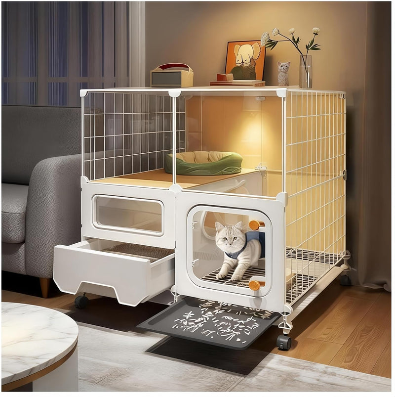 Cat Cage Indoor with Litter Box,Giving Lots Gifts,Cat Enclosure with Wheels