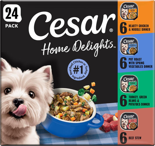 Cesar Home Delights Adult Wet Dog Food, Pot Roast with Spring Vegetables, Beef Stew, Turkey, Green Beans, & Potatoes, and Hearty Chicken & Noodle Dinner in Sauce Variety Pack, 3.5 oz. 24 Count