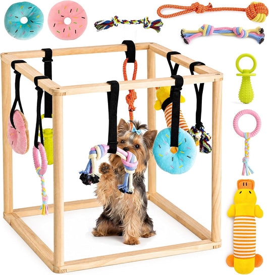 Puppy Play Gym for Small Dogs, Wooden Indoor Dog Playground with Hanging Toys, Interactive Puppy Gym & Jungle Gym for En