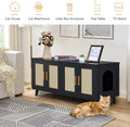 Homhedy Boho Cat Litter Box Enclosure for 2 Cats, Wooden Cat Washroom Furniture with Double Rattan Decorated Doors, Pet House,47.2”L x 19.7”W x 21.7”H, Black and Natural