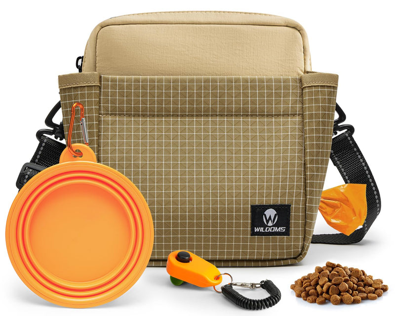 WILDOMS Dog Training Treat Pouch, Magnetic Dog Treat Fanny Pack for Walking, Crossbody Dog Walking Bag with Poop Bag Dispenser, Clicker & Collapsible Bowl - Khaki