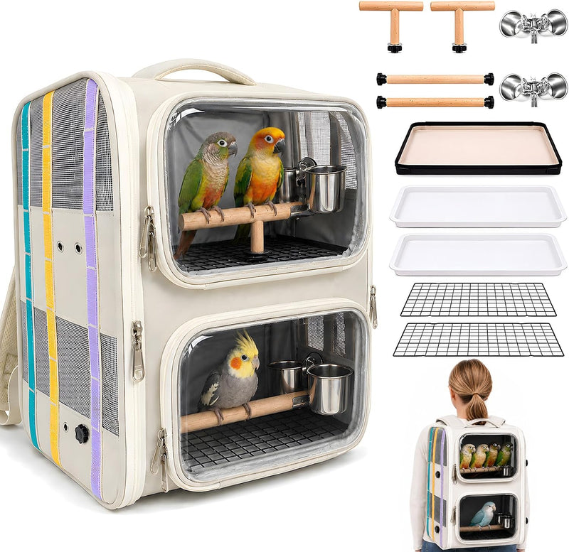 Dual-Level Bird Backpack, Portable Parrot Travel Cage with Removable Divider for 2-4 Small to Medium Birds or 1 Larger B