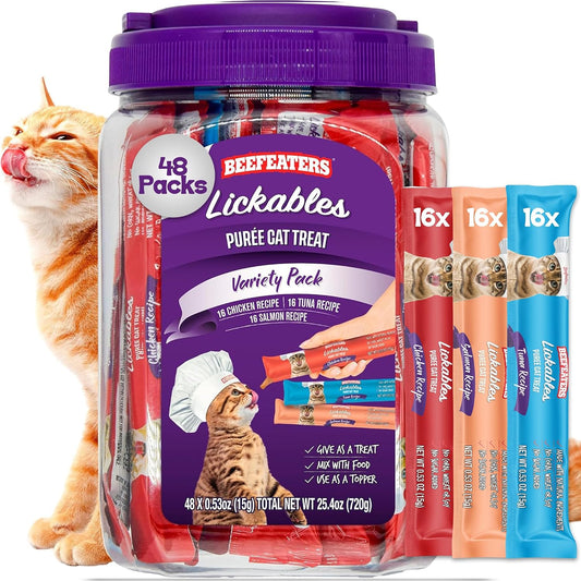 Beefeaters wet cat treats lickable 48 Count Puree Variety Pack - Salmon Tuna Chicken for Hydration & Training, Grain Free Taurine Enriched High Moisture, lickable cat treats squeeze up for Picky Eater