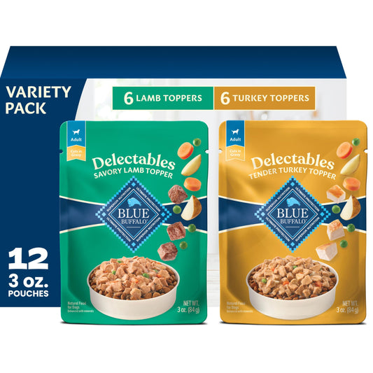 Blue Buffalo Delectables Variety Pack Natural Wet Dog Food Topper (Savory Lamb & Tender Turkey) Tender Cuts in Gravy with Natural Ingredients, Vitamins & Minerals, 3-oz. Each (12 Pouches)
