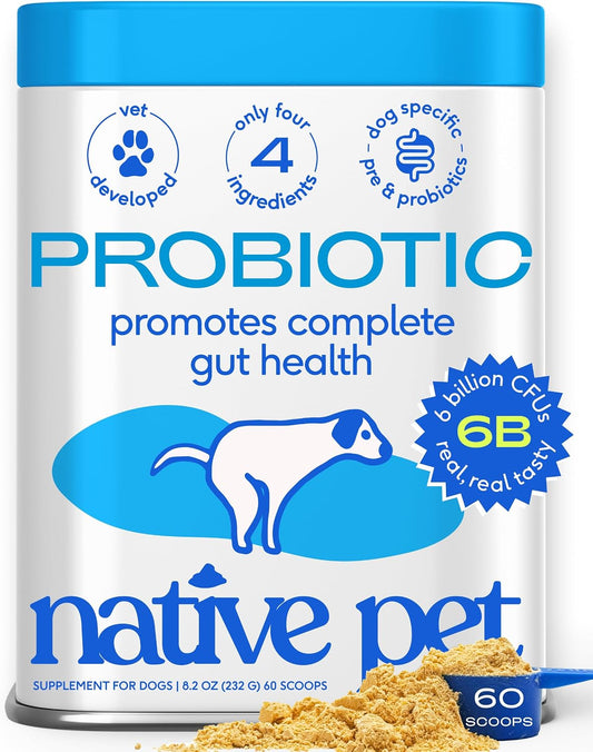 Native Pet Probiotics for Dogs – Dog Probiotic Powder for Gut & Digestive Health, Vet-Formulated 6B CFUs Dog-Specific Probiotic Strains, Supports Stool Quality & Diet Transitions – 60 Scoops