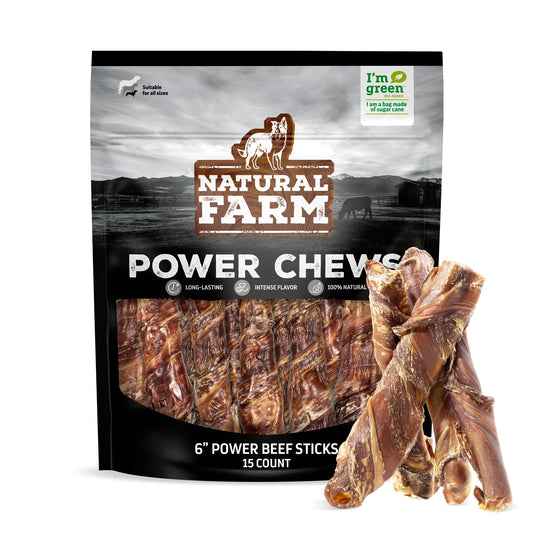 Natural Farm Power Beef Sticks Dog Chews (6”, 15-Pack), 2-in-1 Power Chews: Premium Bully Cheek Wrapped in Beef Esophagus for Double Chewing Time, Promotes Dental Health, Great for Medium Dogs