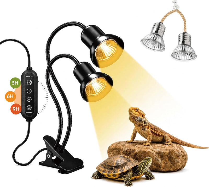 Dual Head Reptile Heat Lamp, 3H/6H/9H Timer, 0-10 Level Dimming