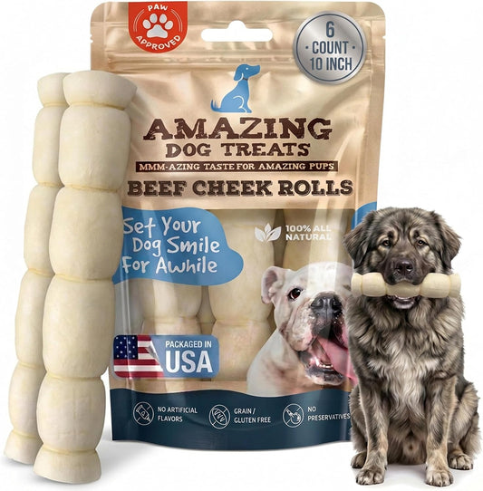 Amazing Dog Treats - Beef Cheek Rolls (Mega Thick 10" - 3 Pcs) - Safe Rawhide Alternative Dog Chew - Great for Power Chewers - Long Lasting Dog Chew - Retriever Rolls for Dogs