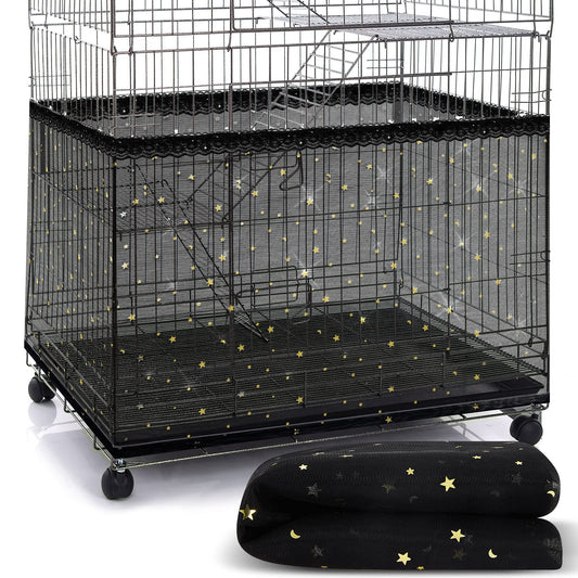 Shappy Large Bird Cage Birdcage Nylon Mesh Net Cover Seed Feather Catcher Universal Birdcage Cover Bird Seed Guard Skirt for Parakeet Macaw African Square Cage (Black Star Style, XL)