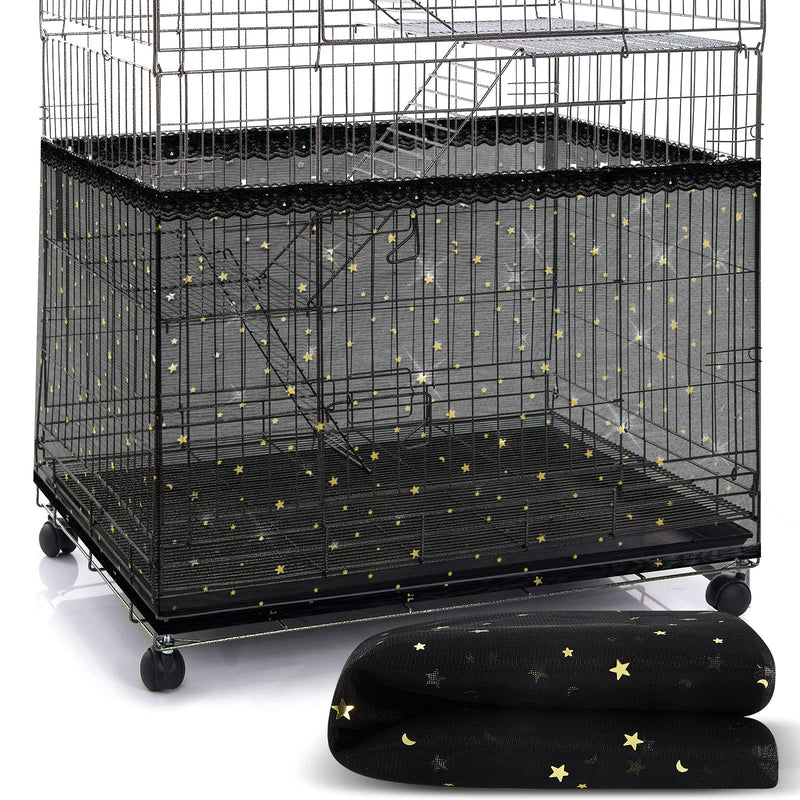 Shappy Large Bird Cage Birdcage Nylon Mesh Net Cover Seed Feather Catcher Universal Birdcage Cover Bird Seed Guard Skirt for Parakeet Macaw African Square Cage (Black Star Style, XL)