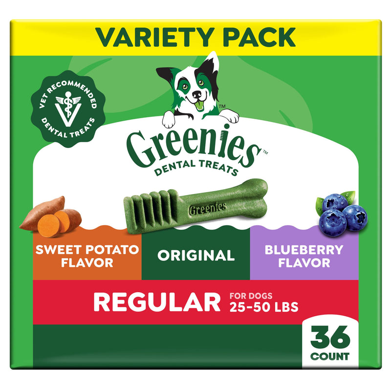 Greenies Veterinarian-Recommended Natural Dental Dog Treats, Dental Chews for Dogs, Regular Size, Variety Pack, (3) 12 oz. Packs, 36 Count