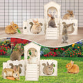 Extra Large Rabbit Castle, Wooden Bunny House & Hay Feeder, Detachable Rabbit Hideaway, Indoor Rabbit Castle with Ramp, 