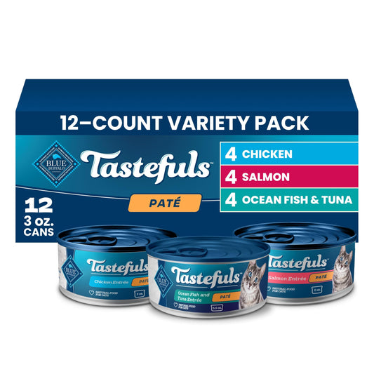 Blue Buffalo Tastefuls Wet Cat Food Paté Variety Pack (Chicken, Salmon, Ocean Fish & Tuna) for Adult Cats, Made with Natural Ingredients, 3-oz. Each (12 Cans)