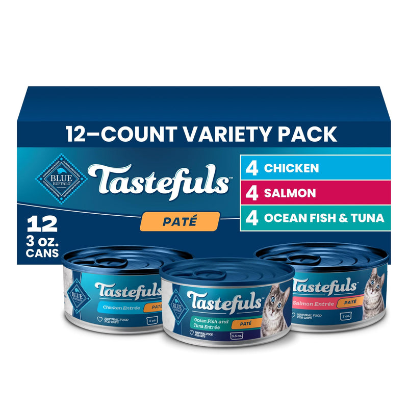 Blue Buffalo Tastefuls Wet Cat Food Paté Variety Pack (Chicken, Salmon, Ocean Fish & Tuna) for Adult Cats, Made with Natural Ingredients, 3-oz. Each (12 Cans)