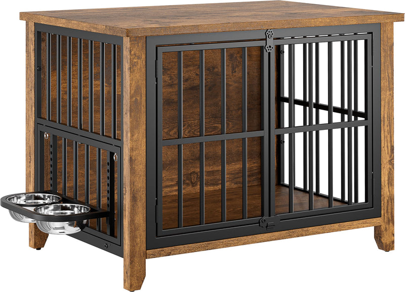 Lulive Dog Crate Furniture, Wooden Dog Kennel Indoor with Adjustable 360°& Height Dog Bowls, Double Doors Furniture Dog Crates End Table for Small/Medium 31.5
