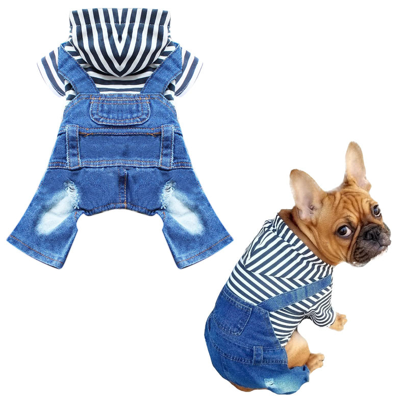 DOGGYZSTYLE Small Dog Hoodie Clothes Cute Stripe Shirts Denim Jumpsuit One-Piece Outfit for Small Medium Dogs Cats Boy Girl Chihuahua Blue Jeans Overalls Puppy Costume (Blue,S)