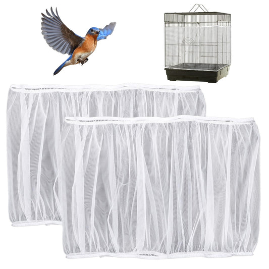 FNANJWQ 2 Pcs Bird Cage Cover Universal Bird Cage Seed Catcher, Breathable Nylon Mesh Net Cover Adjustable Soft Airy Cages Net Stretchy Skirt for Round Square Cages