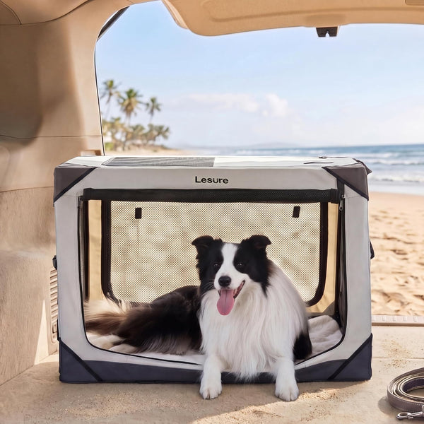 Lesure Collapsible Dog Crate - Portable Travel Kennel for Large Dog, 4-Door Pet Crate with Mesh Windows, Indoor & Outdoor, Light Gray