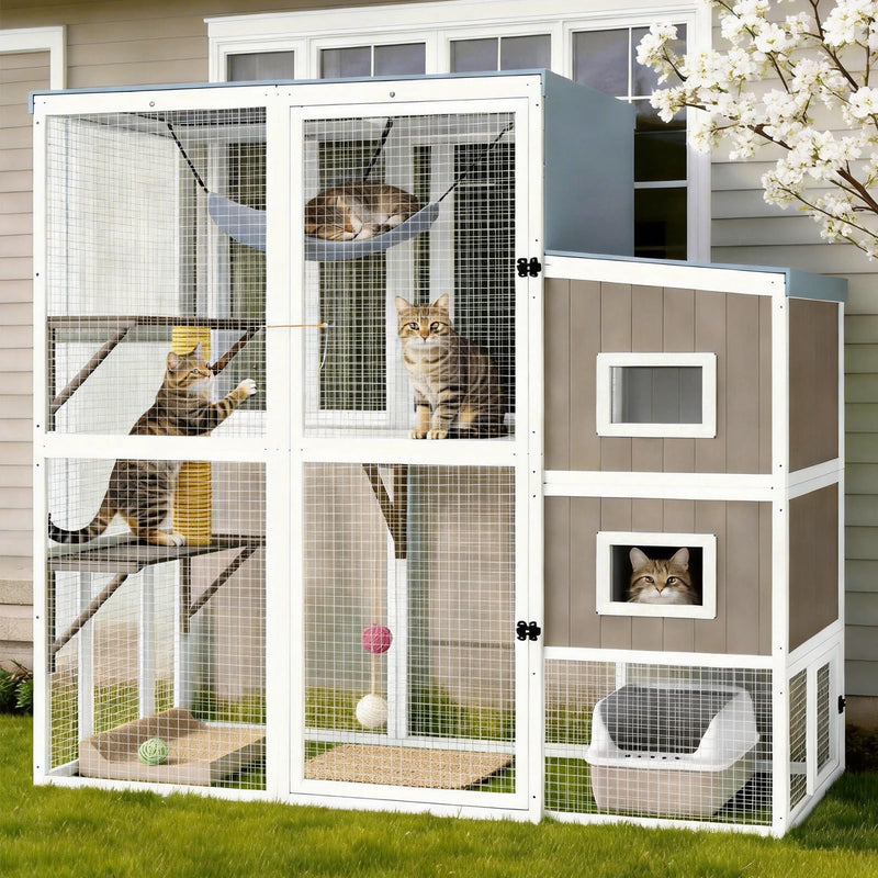 PetsCosset Large Catio Outdoor Cat Enclosure Large Cat House for Multiple Cats, Walk-in Kitty Cage with 4 Level Platforms, 2 Acrylic Rest Houses, Scratching Post, Weatherproof Roof, Expandable Design
