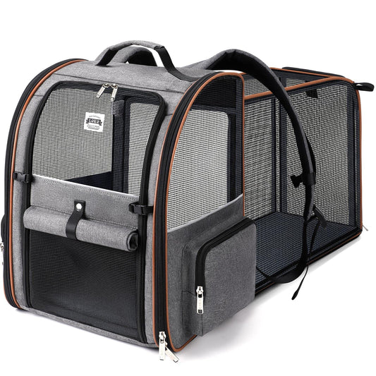 Lekebobor Cat Carrier Backpack, Expandable Pet Carrier with Sun Shade & Full Front Opening, Breathable Mesh Backpack for Small Dogs & Medium Cats Up to 18 Lbs, Foldable for Hiking, Camping (Grey)